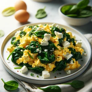 A-plate-of-spinach-and-feta-scrambled-eggs-served-on-a-white-plate.