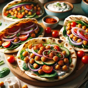 Image of a 'Vegetarian Greek Style Gyros' dish, serving size for 4. The gyros are made with roasted chickpeas, spiced with smoked paprika