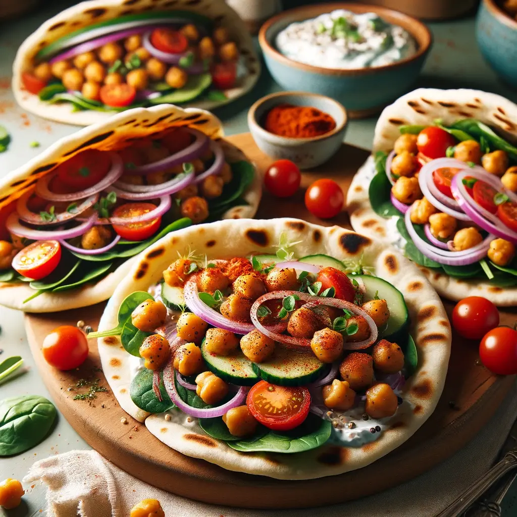 Image of a 'Vegetarian Greek Style Gyros' dish, serving size for 4. The gyros are made with roasted chickpeas, spiced with smoked paprika