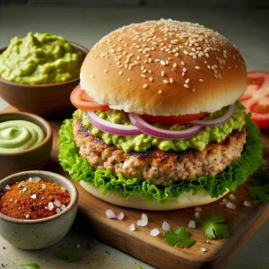Image of a well-cooked and solid 'Naked Turkey and Smashed Avocado Burger'. The burger is made from ground turkey, which is thoroughly cooked