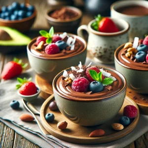 Vegan-Chocolate-Avocado-Mousse-in-four-small-bowls-served-as-a-dessert.