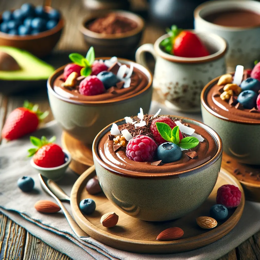 Vegan-Chocolate-Avocado-Mousse-in-four-small-bowls-served-as-a-dessert.